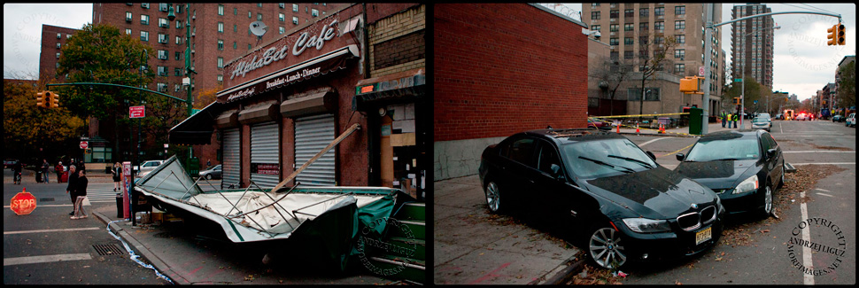 Alphabet Cafe, Ave B / Trashed cars, Ave C, East Village, NYC. Hurricane Sandy +2 10/31/12 © Andrzej Liguz/moreimages.net. Not to be used without permission.