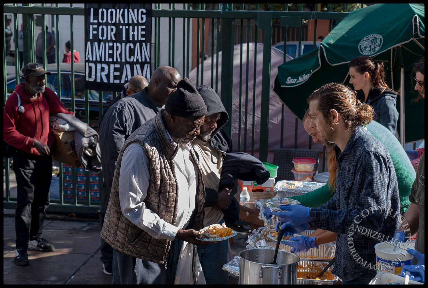 Feeding the homeless, San Julian Park, Skid Row. LA, Christmas Day 2018