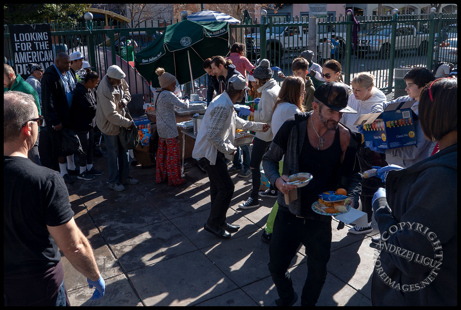 Feeding the homeless, San Julian Park, Skid Row. LA, Christmas Day 2018