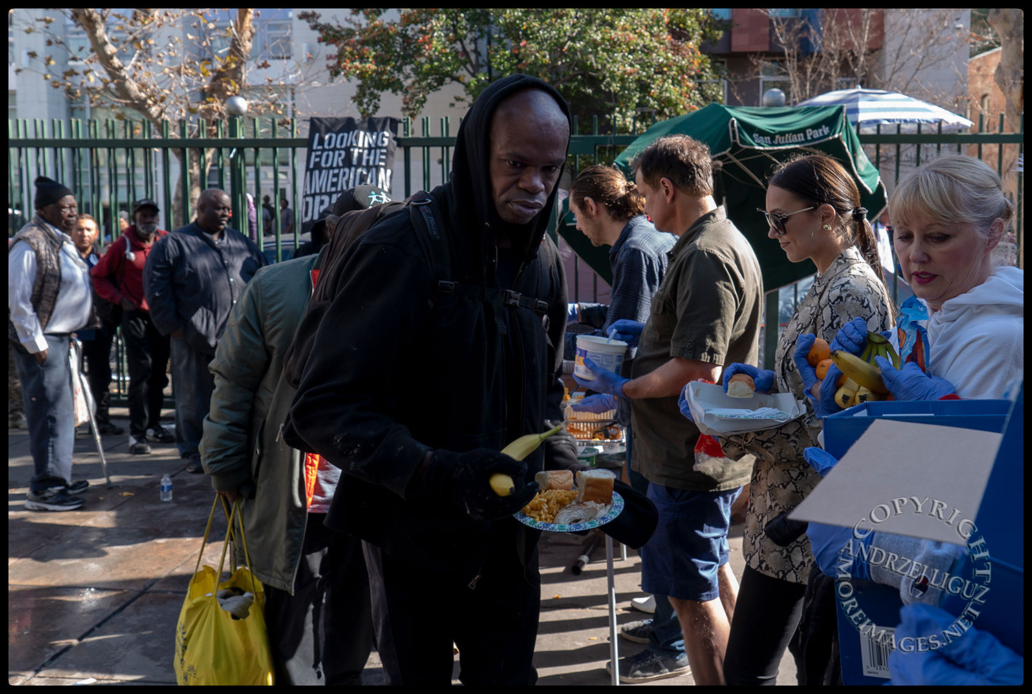 Feeding the homeless, San Julian Park, Skid Row. LA, Christmas Day 2018