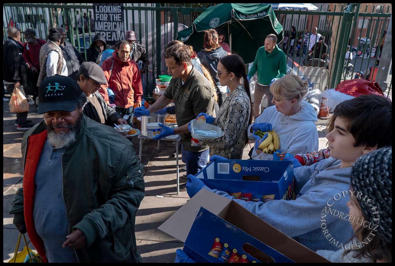 Feeding the homeless, San Julian Park, Skid Row. LA, Christmas Day 2018