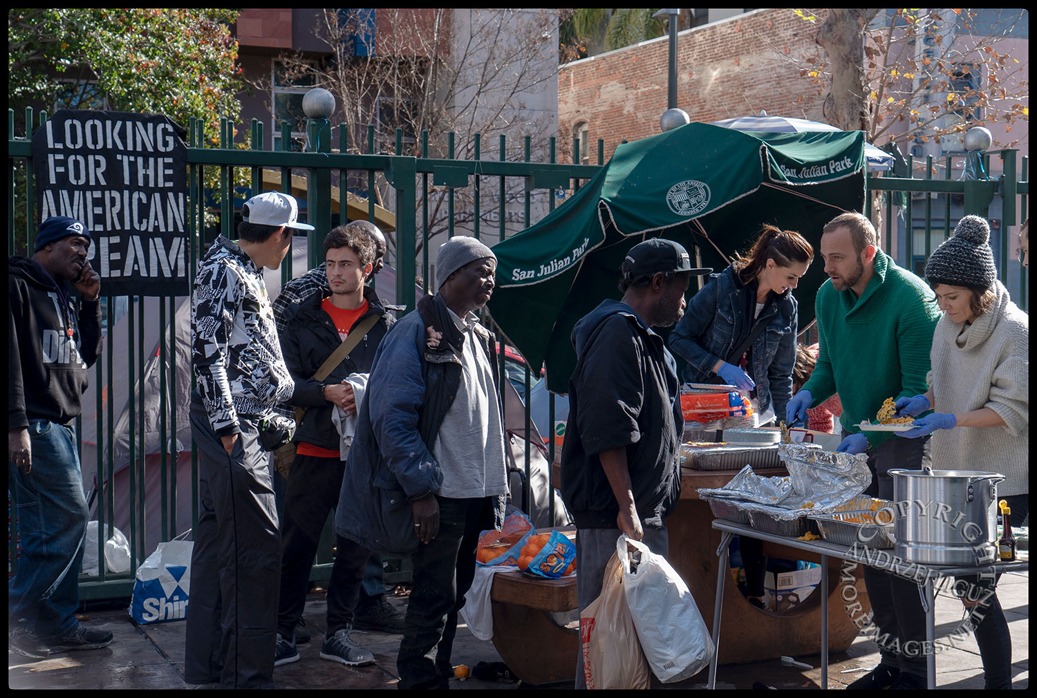 Feeding the homeless, San Julian Park, Skid Row. LA, Christmas Day 2018