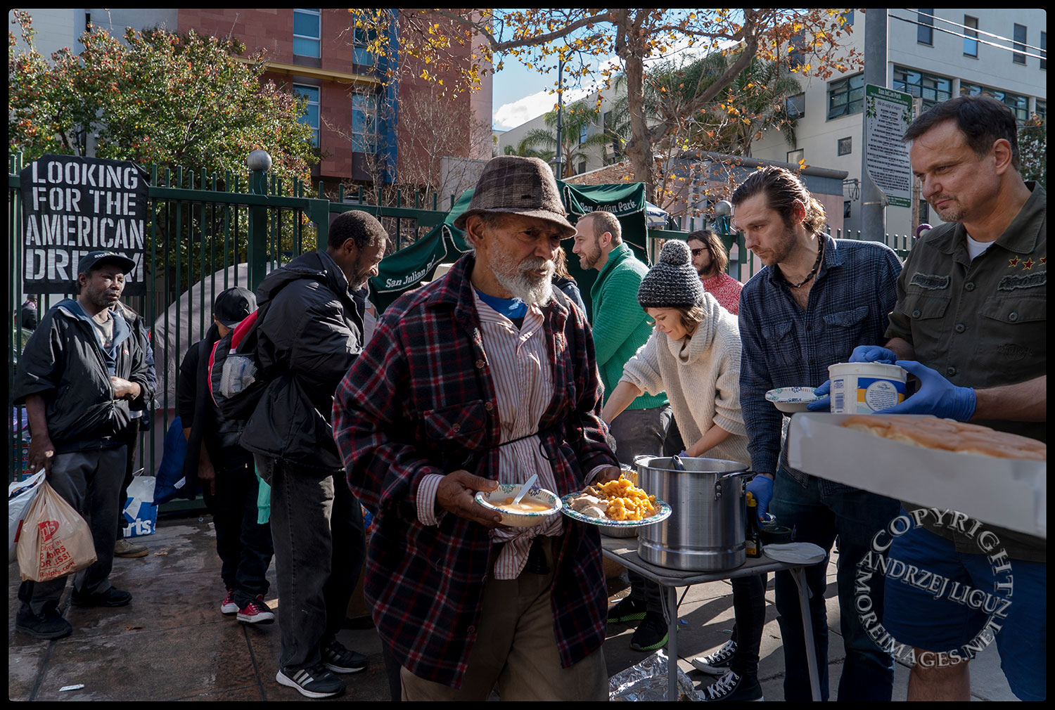Feeding the homeless, San Julian Park, Skid Row. LA, Christmas Day 2018