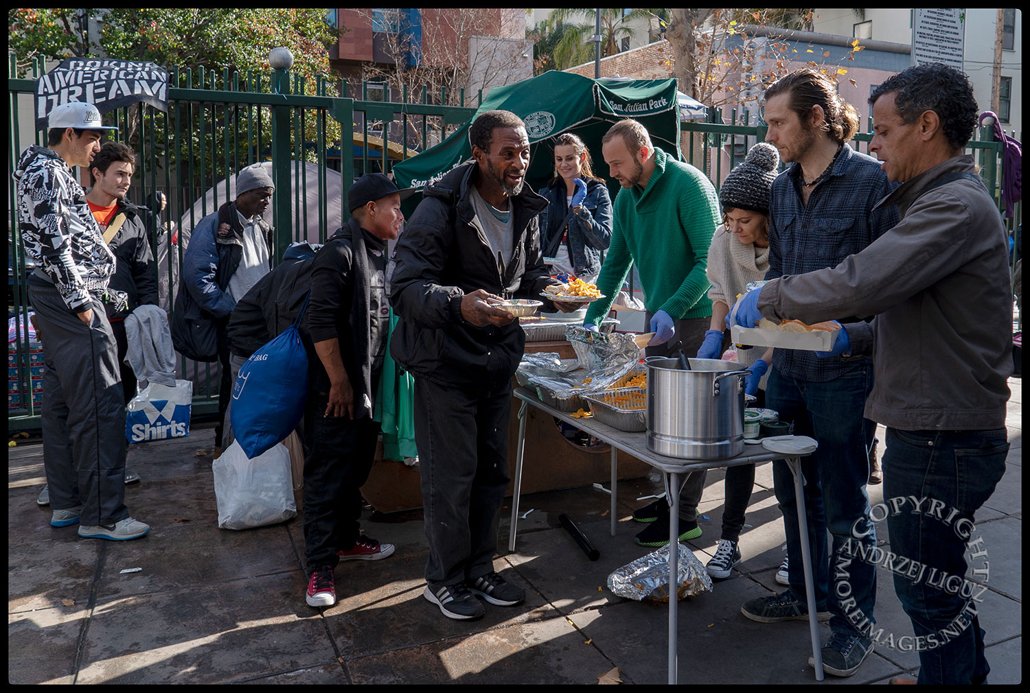 Feeding the homeless, San Julian Park, Skid Row. LA, Christmas Day 2018