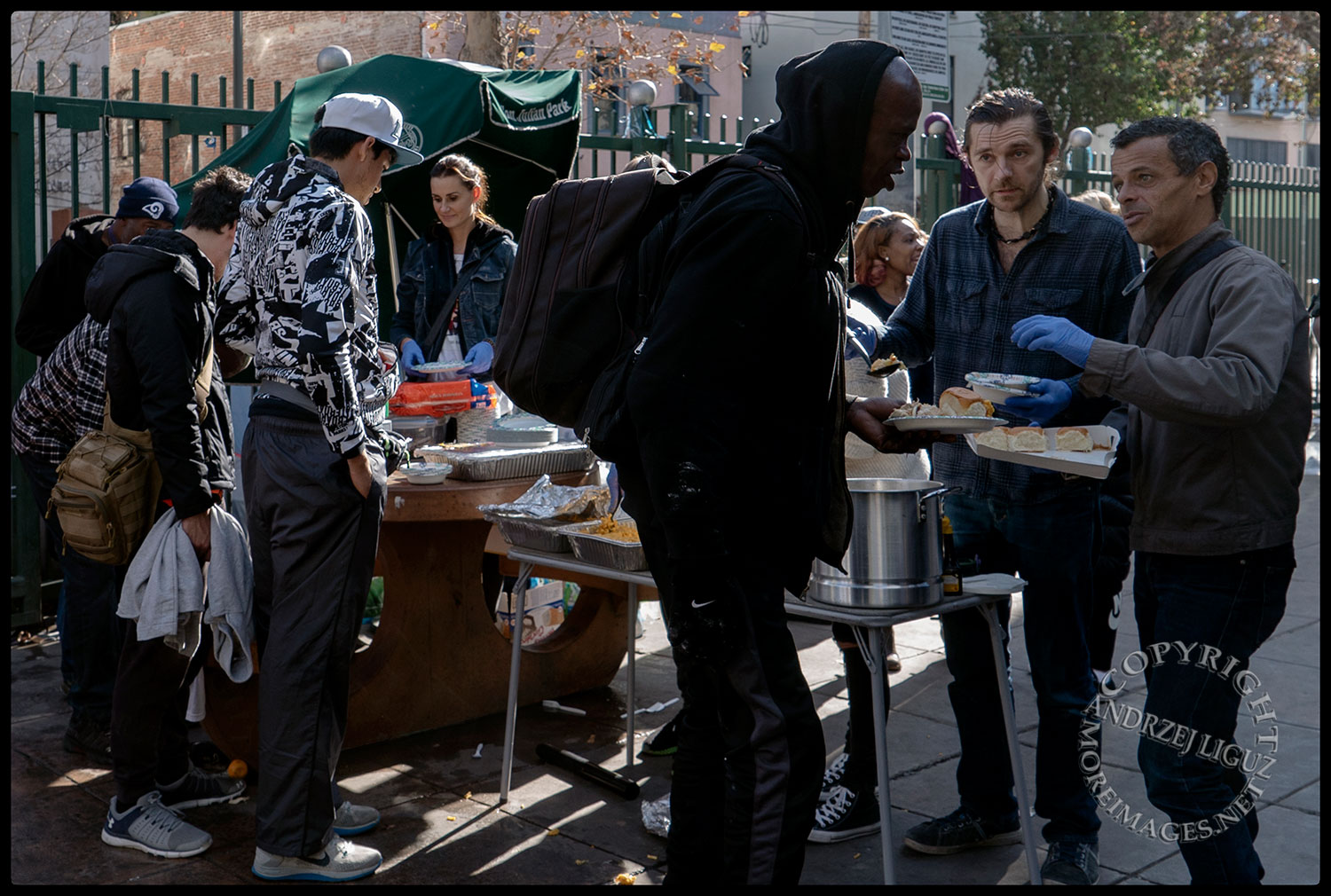 Feeding the homeless, San Julian Park, Skid Row. LA, Christmas Day 2018